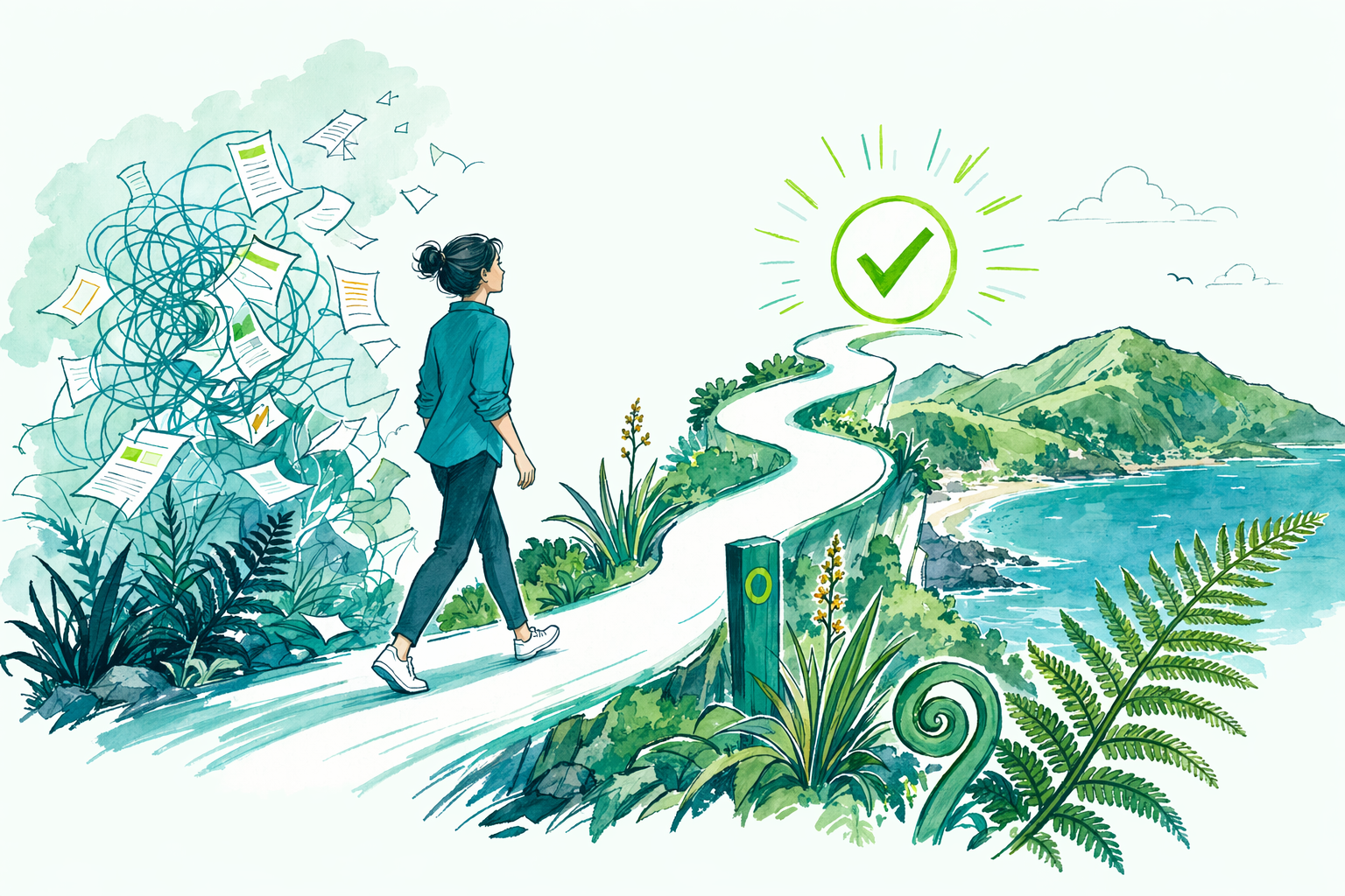Hand-drawn illustration of Fernway helping clients remotely across New Zealand