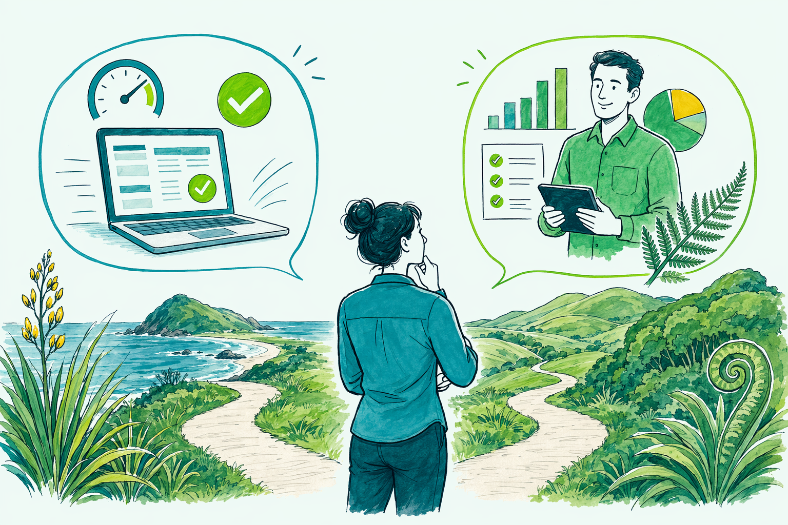 Hand-drawn illustration: The two options at a glance — Accountant vs DIY tax software