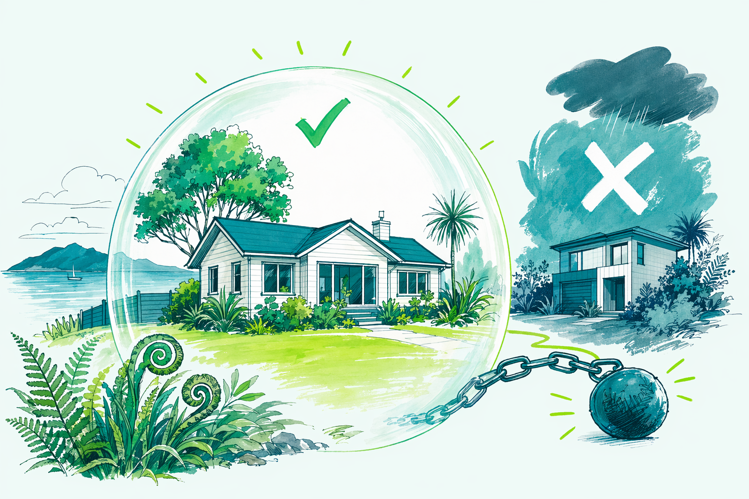 Hand-drawn illustration: Quick answer — Bright-line main home exclusion