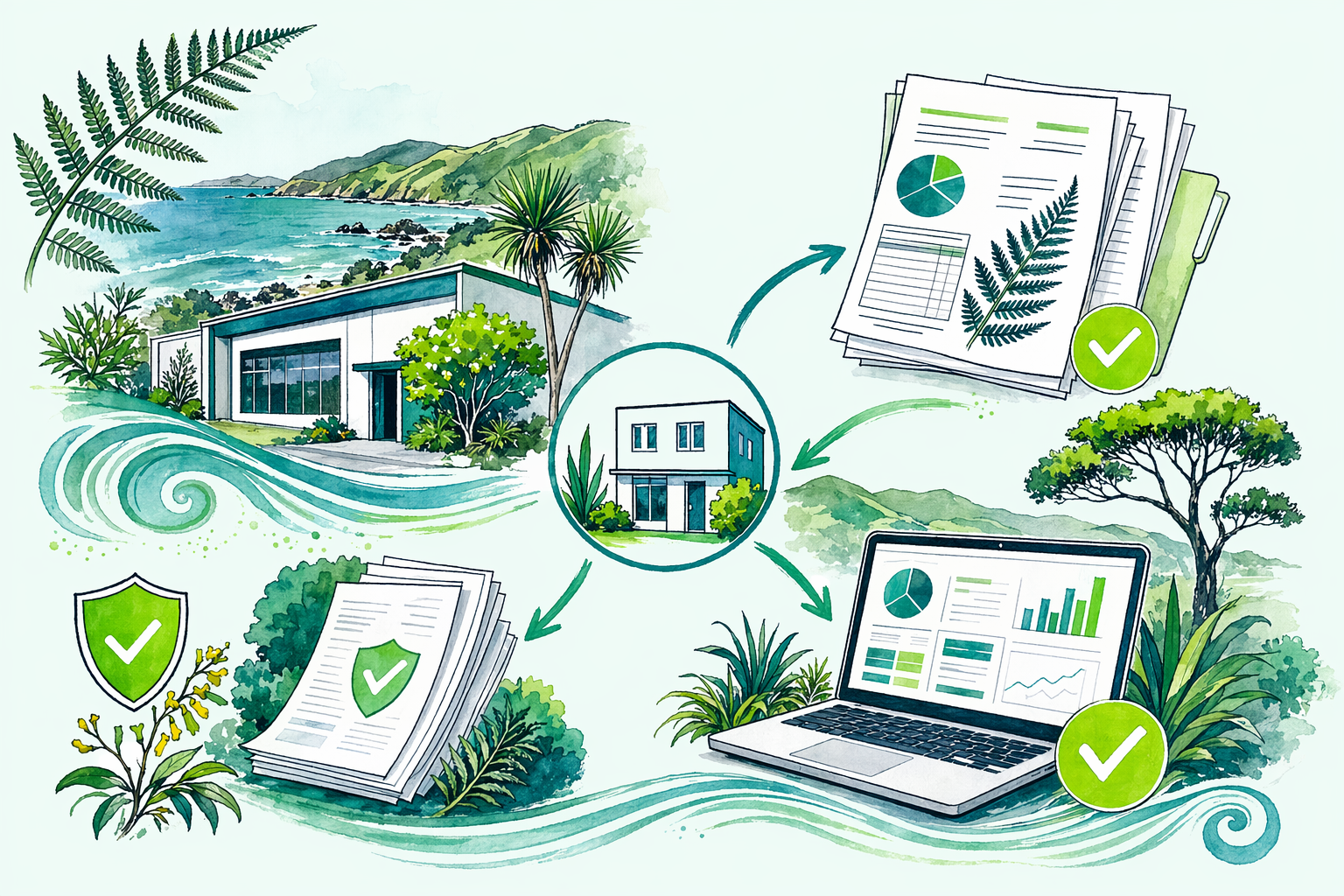 Hand-drawn illustration: Company income tax (IR4) explained — Company & trust accounts (IR4) + Xero