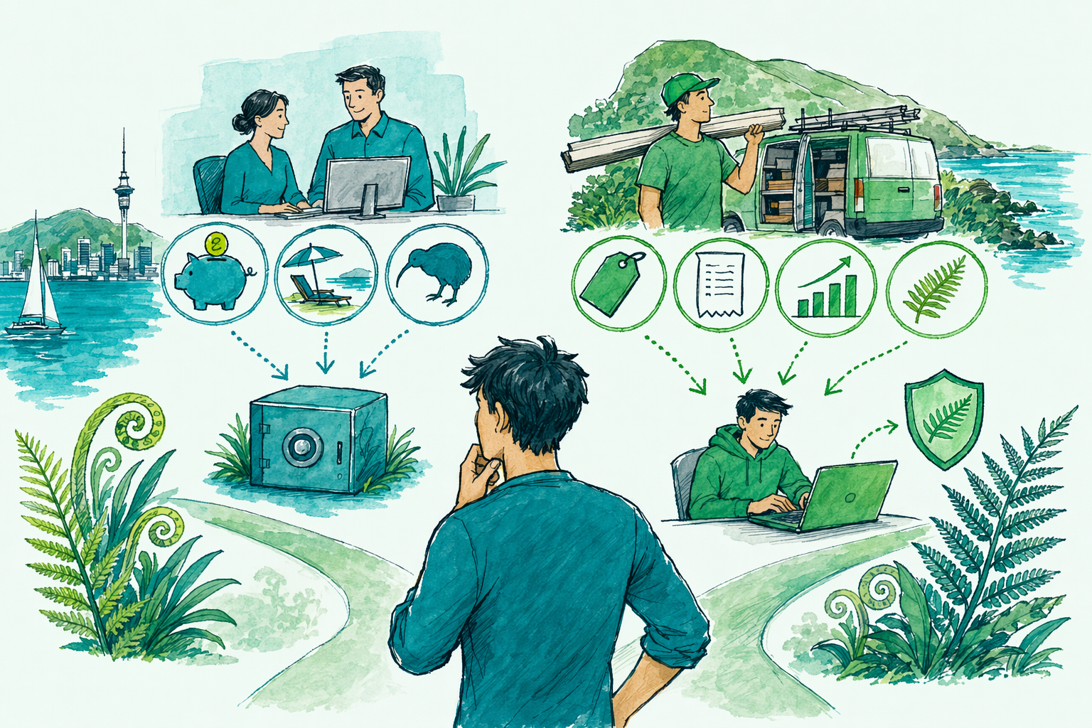 Hand-drawn illustration: The two options at a glance — Contractor vs employee (tax)