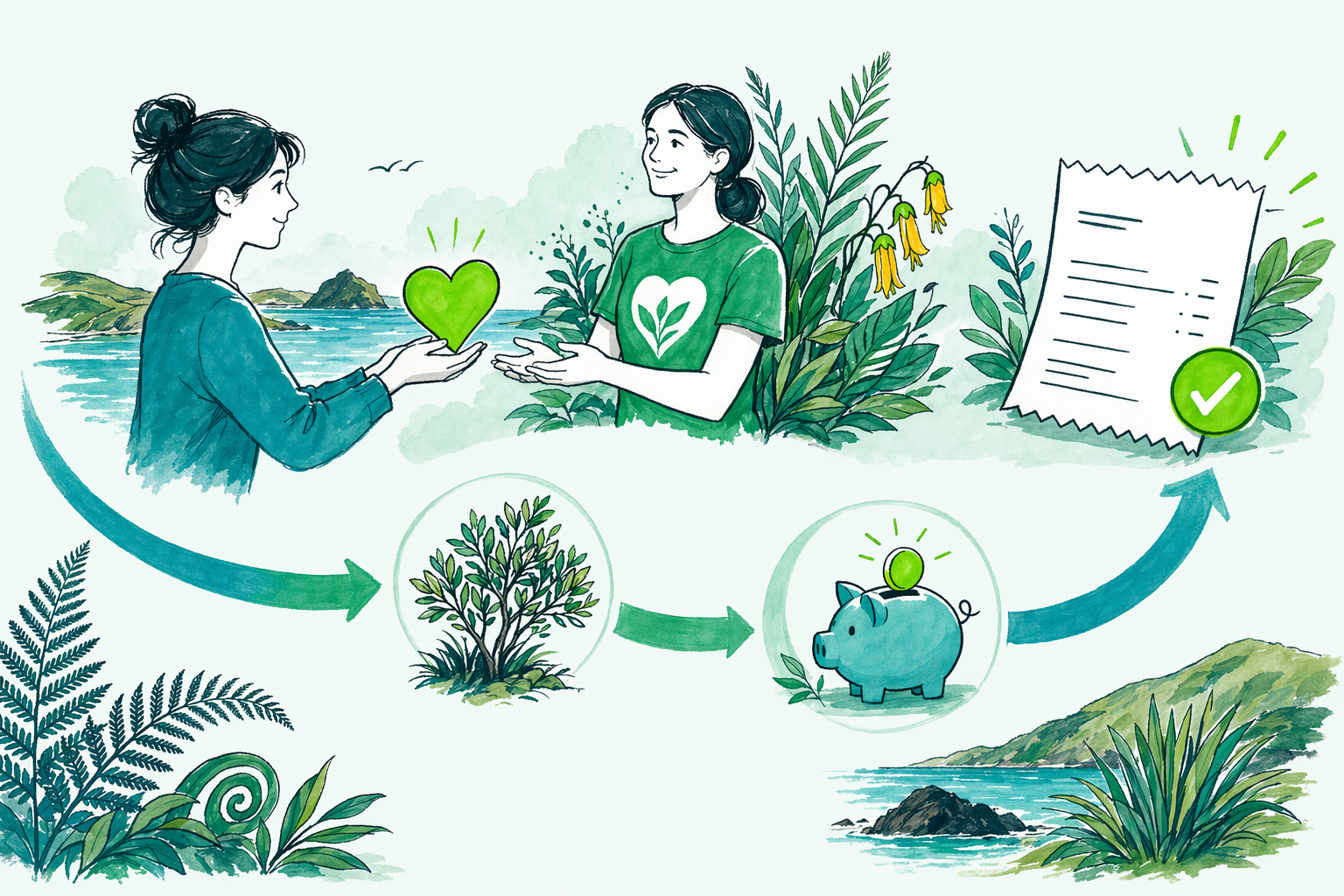 Hand-drawn illustration: Quick answer — Donations tax credit in NZ
