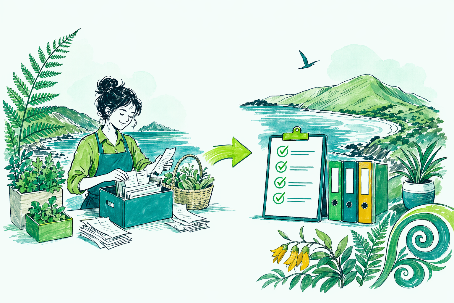Hand-drawn illustration: Quick answer — First year in business: NZ tax