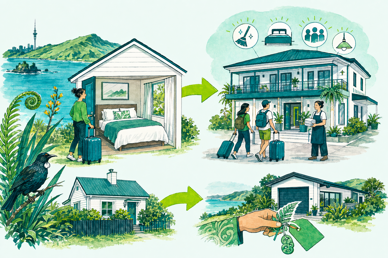 Hand-drawn illustration: Quick answer — GST on short-stay accommodation