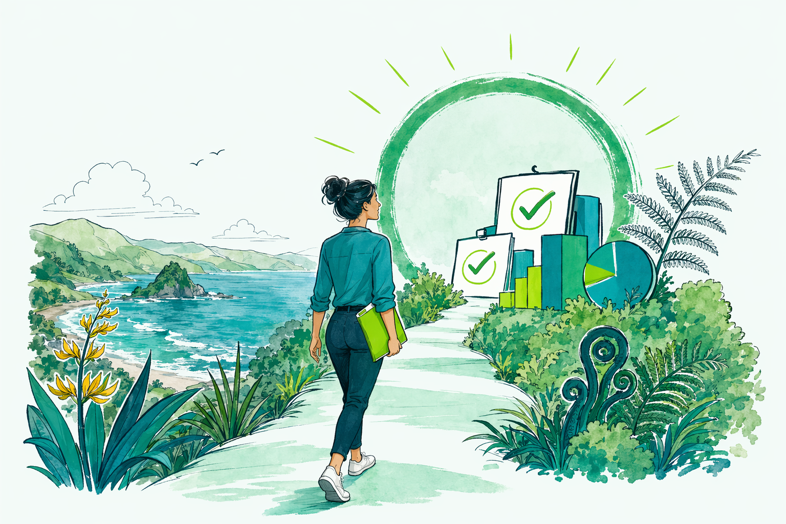 Hand-drawn illustration: Book a free review — GST & provisional tax, handled