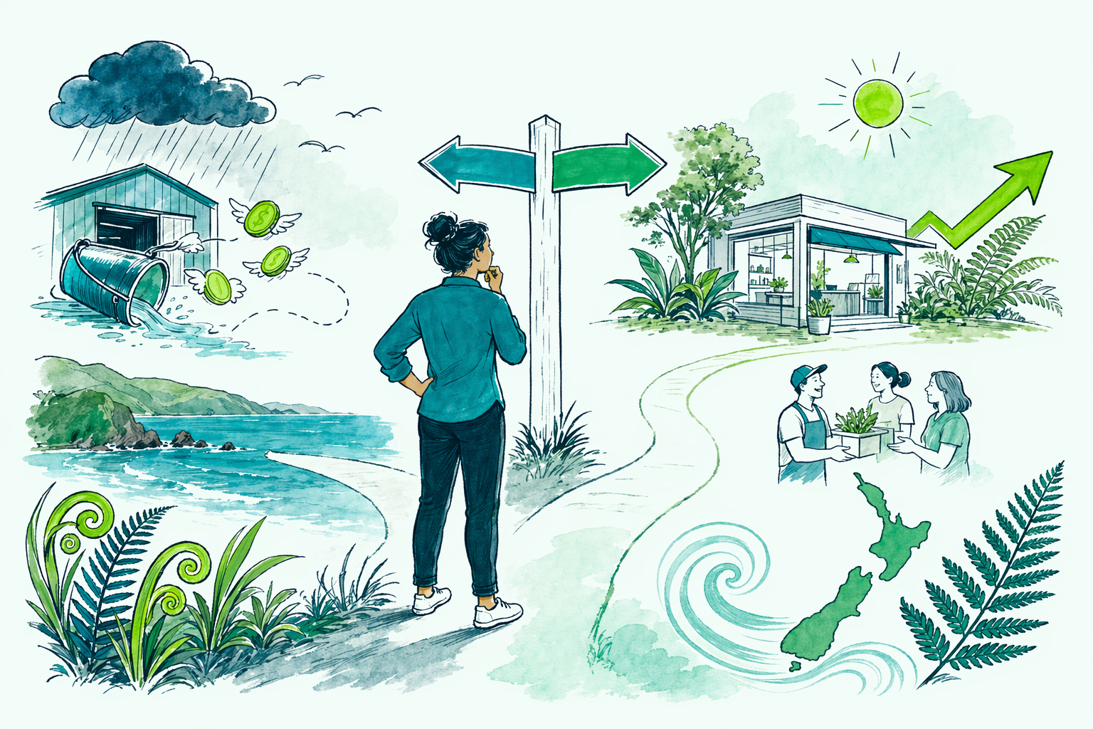 Hand-drawn illustration: What's in the guide — GST registration decision guide