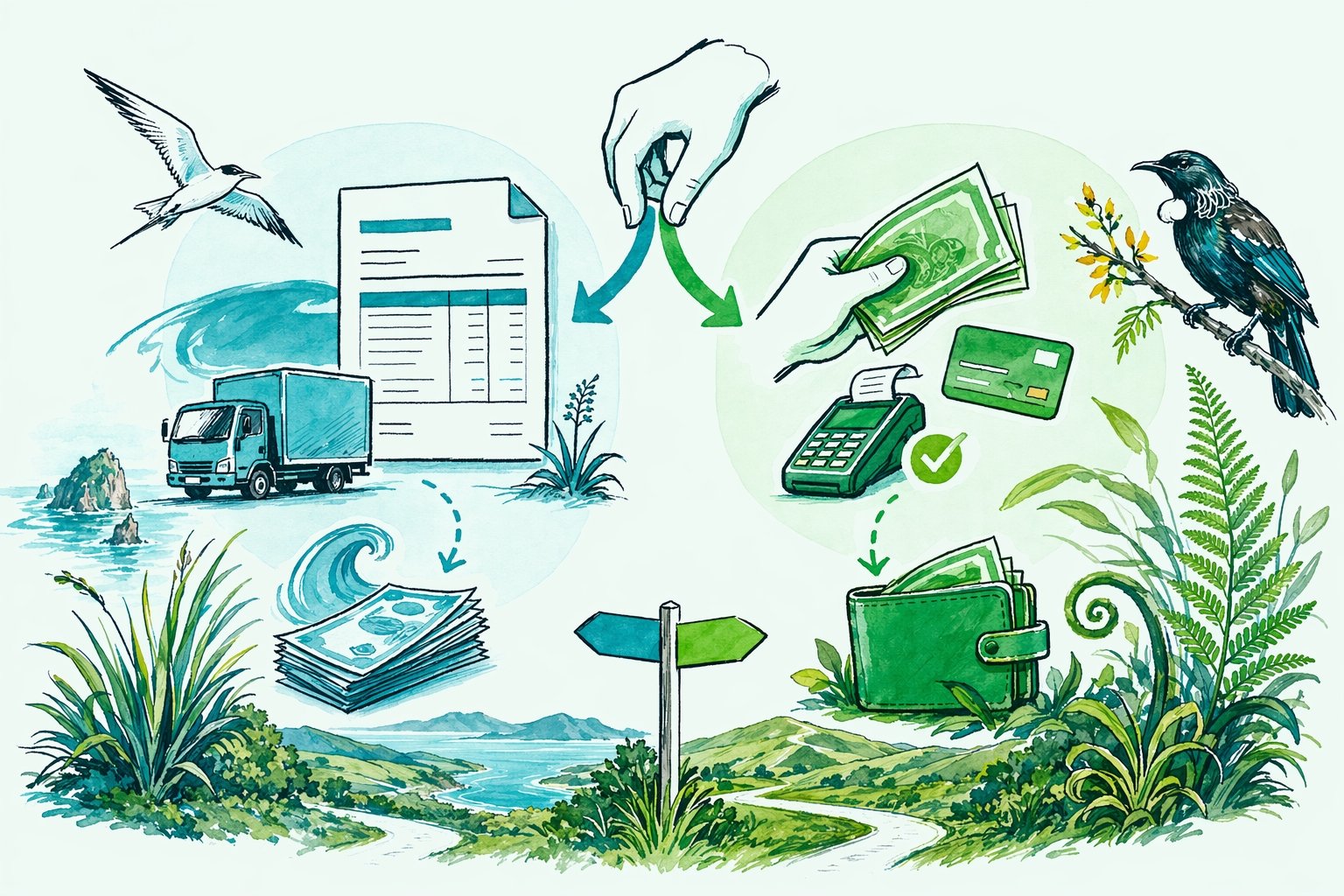 Hand-drawn illustration: The two options at a glance — Invoice vs payments GST basis