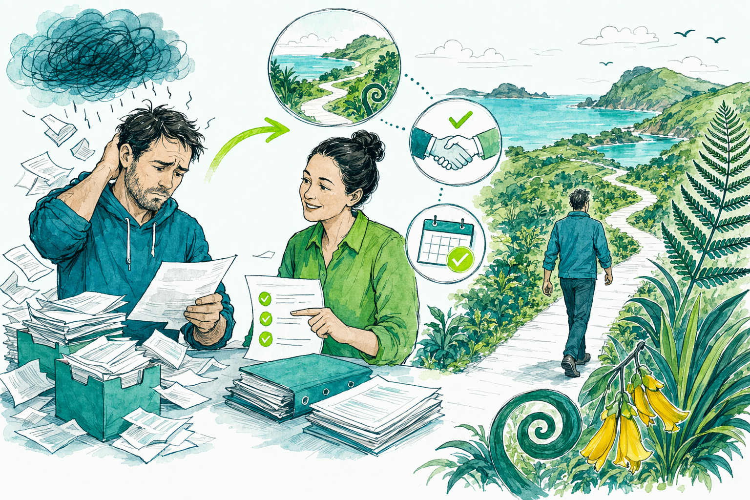 Hand-drawn illustration: Behind on returns? Start here — IRD disputes, tax debt & catch-up returns