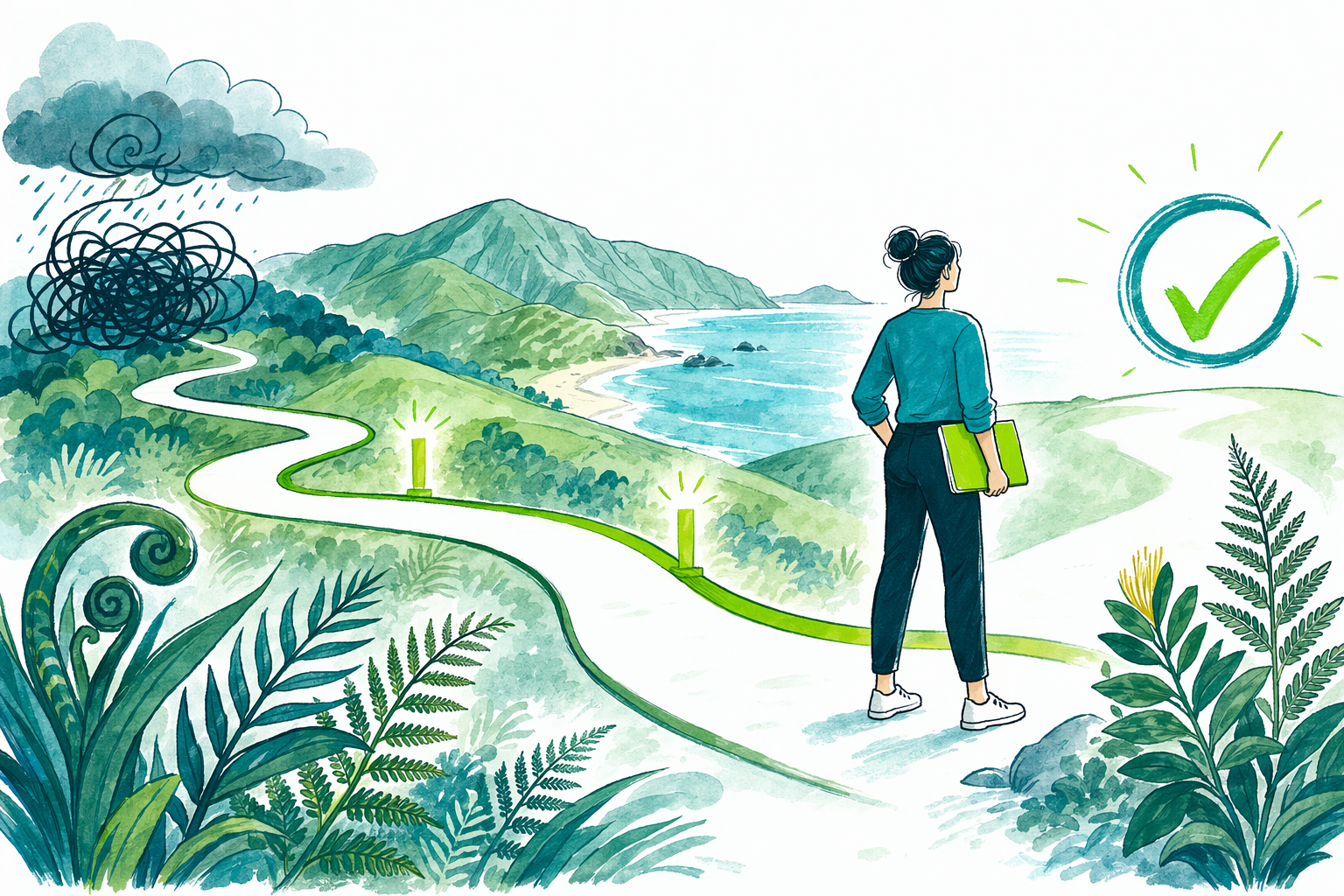 Hand-drawn illustration: Book a free review — IRD disputes, tax debt & catch-up returns