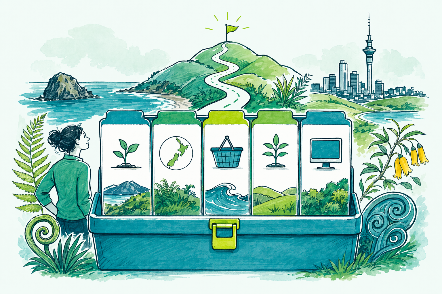 Hand-drawn illustration: What's in the guide — New-business tax setup guide