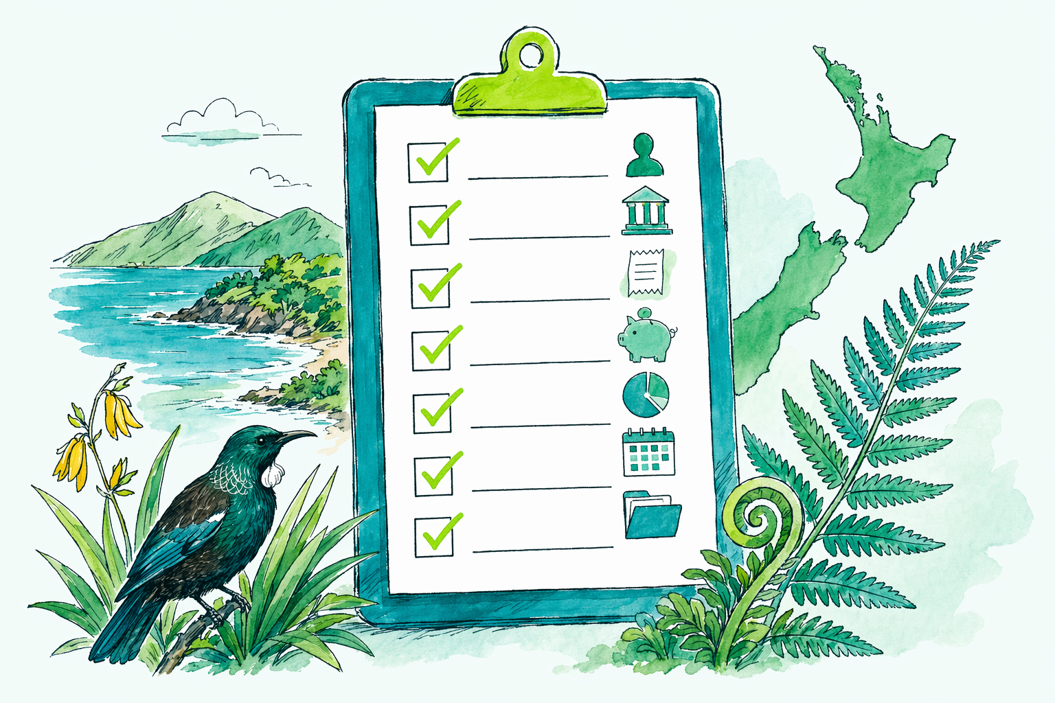 Hand-drawn illustration: What's in the checklist — NZ sole-trader tax starter checklist