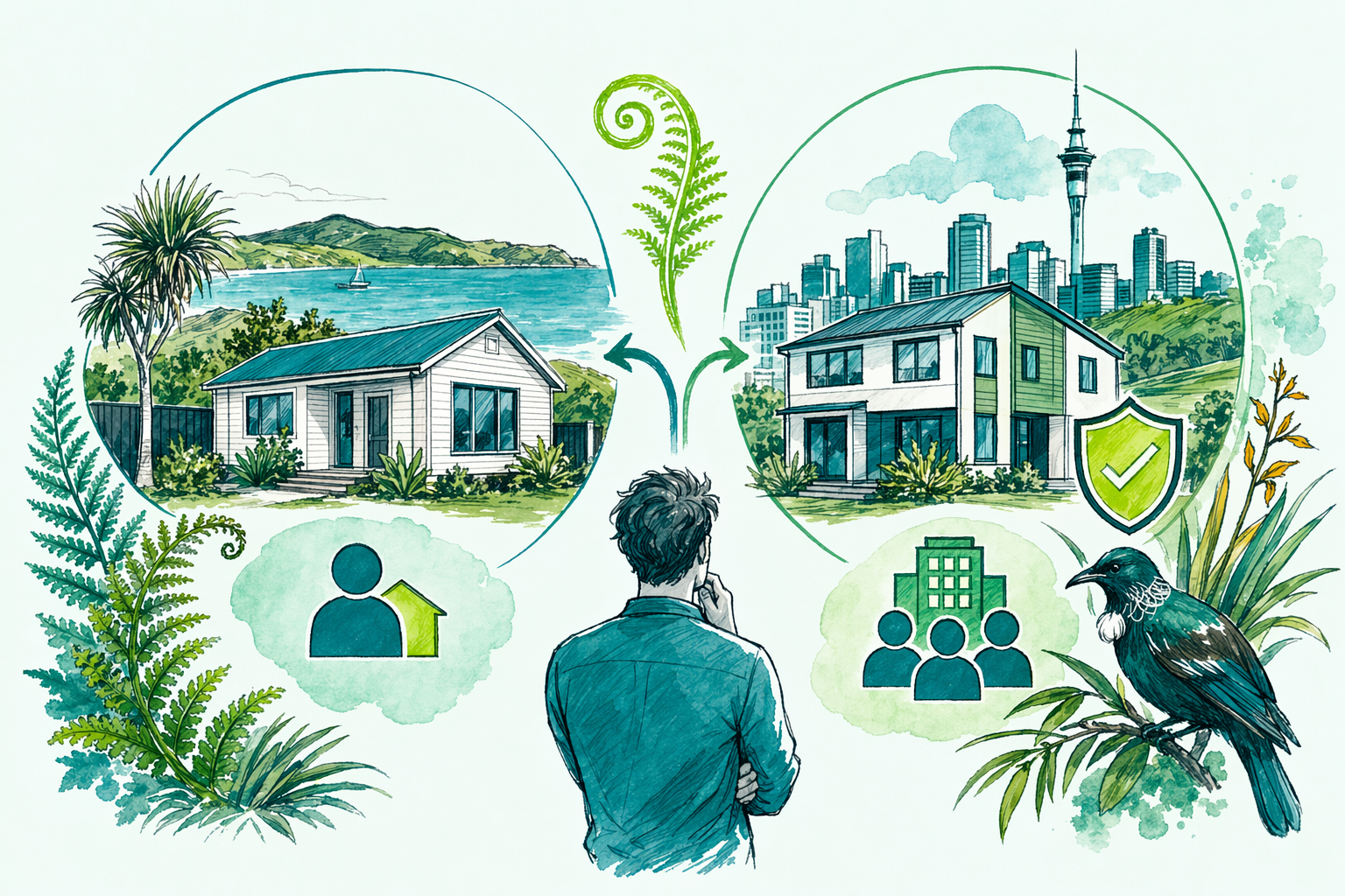 Hand-drawn illustration: The two options at a glance — Rental in own name vs company