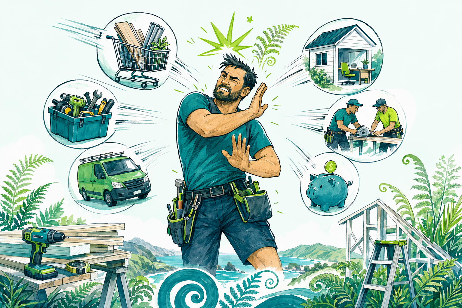 Hand-drawn illustration: Tax issues tradies hit — Tax for tradies & builders