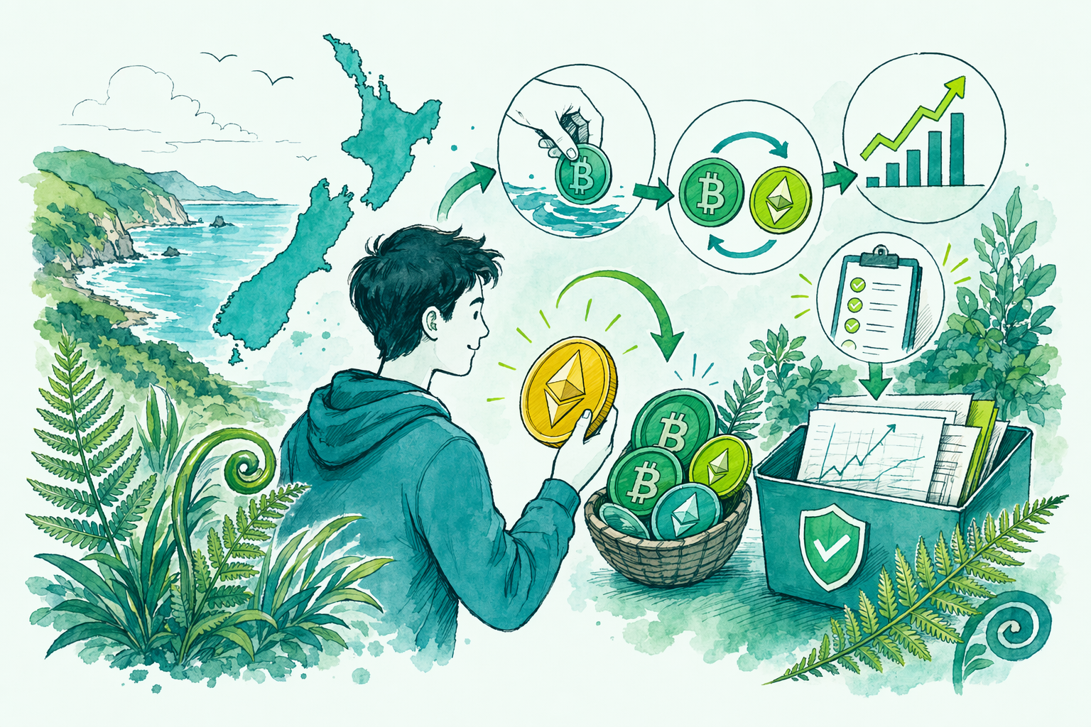 Hand-drawn illustration: Quick answer — Tax on cryptocurrency in NZ