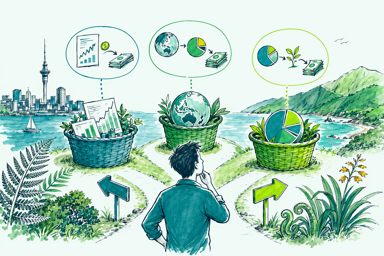 Hand-drawn illustration: Quick answer — Tax on share investments in NZ